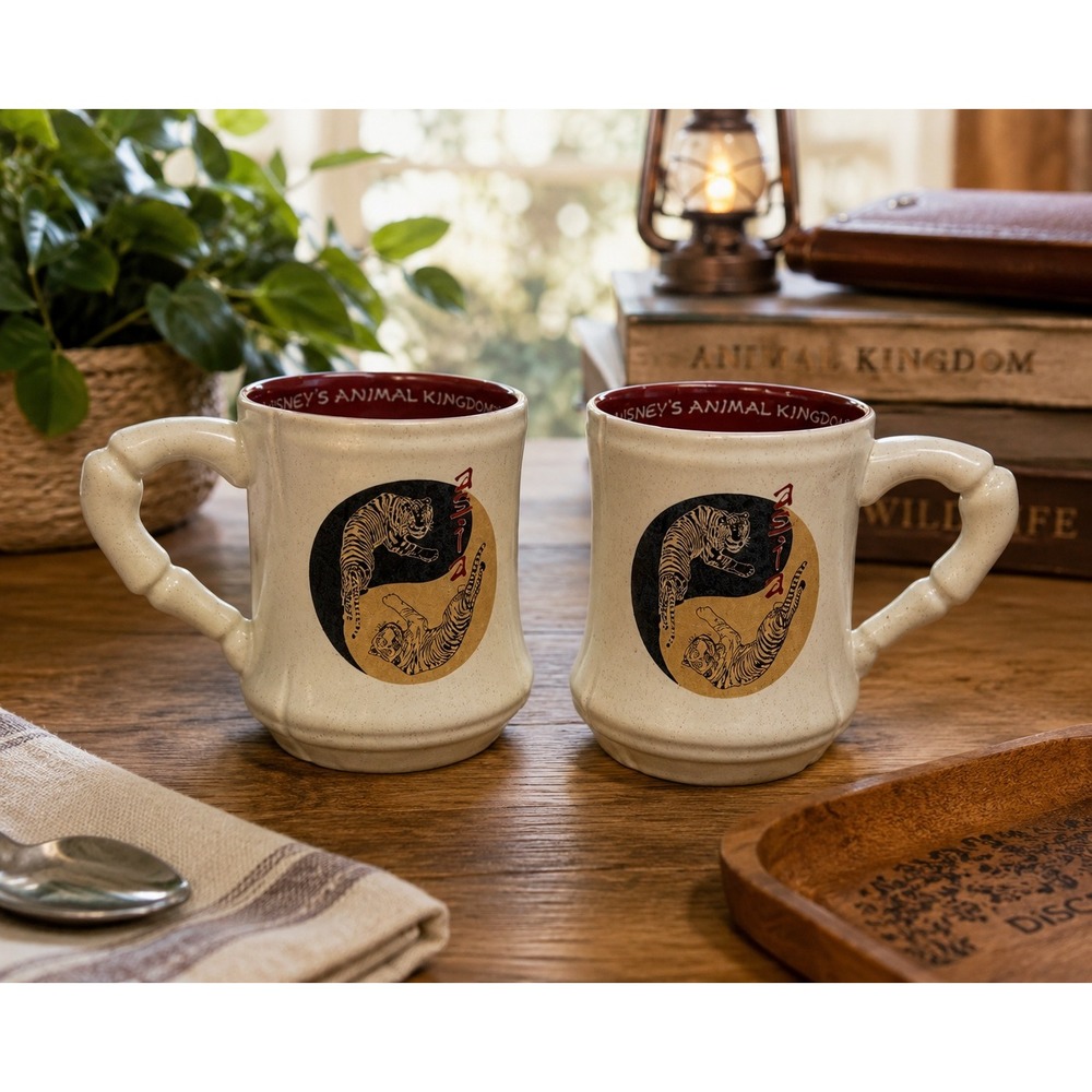 Disney Animal Kingdom Asia Tiger Yin Yang Mug Set of 2 Ceramic 16 oz Bone China